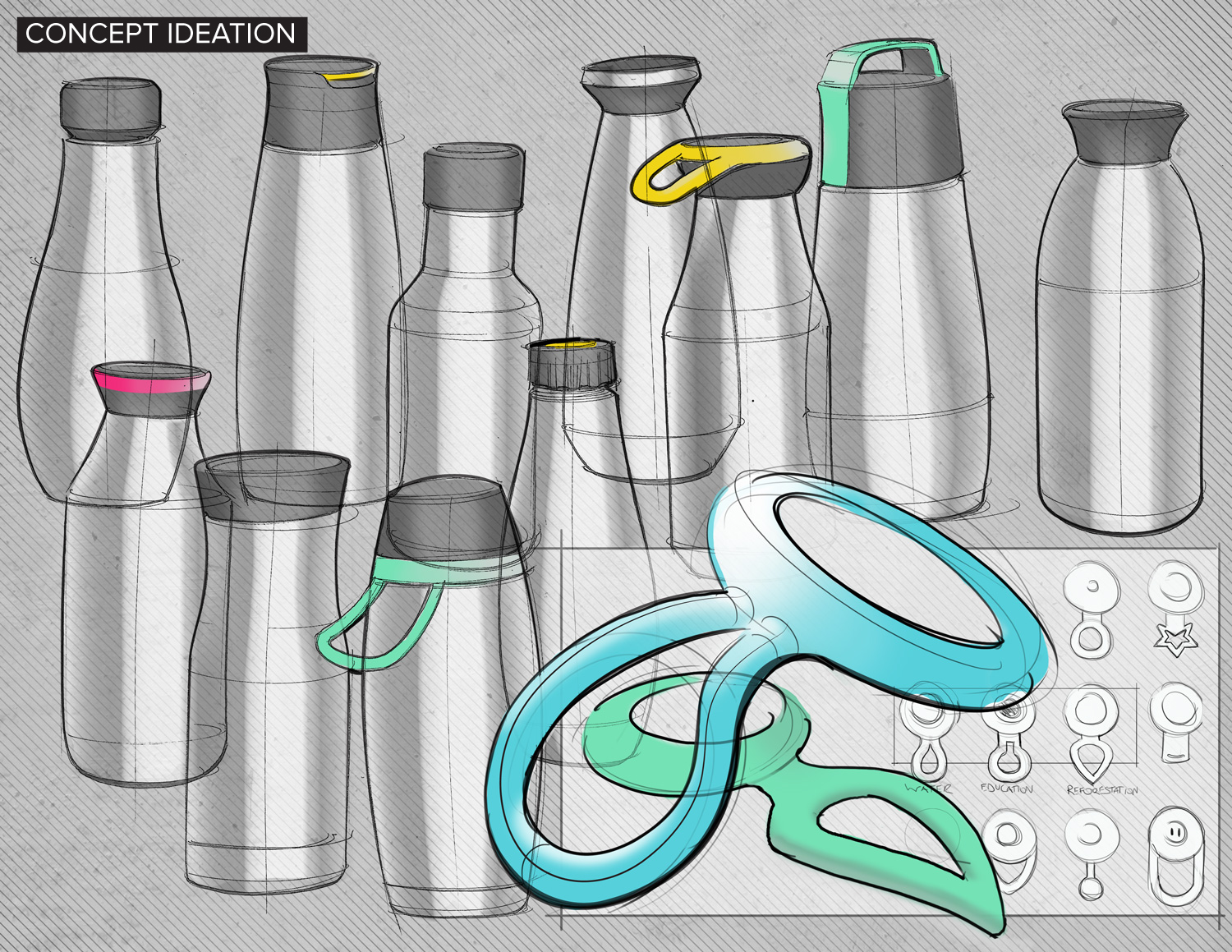 water bottle product industrial design sketch render ideation concept