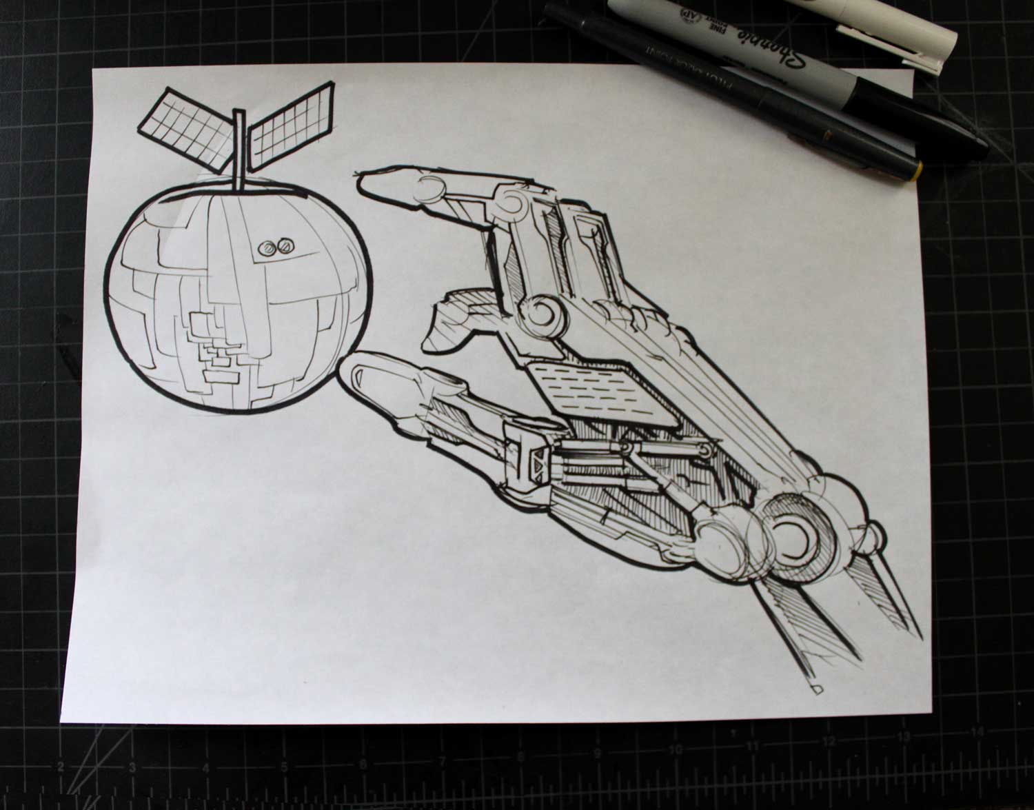 inktober sketch robot hand grab apple