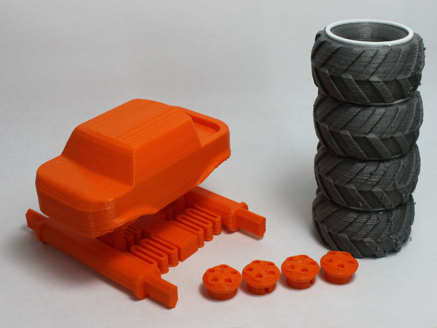 3d printed monster truck car vehicle orange blue wheel child toy dissassembled parts